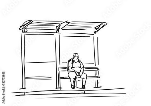 Bus stop, Overweight man sitting on a bench, holding a shopping bag and waiting for a bus, Hand Drawn illustration, Vector sketch