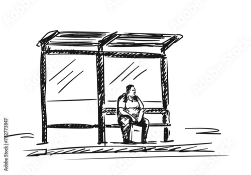 Bus stop drawing, Overweight man sitting on a bench, holding a shopping bag and waiting for a bus, Hand Drawn illustration, Vector sketch