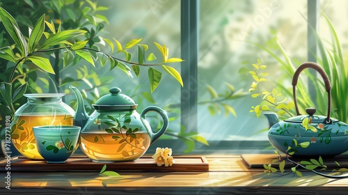 Illustration of a calming tea ceremony conducted alone, symbolizing a moment of mindfulness and self-care photo