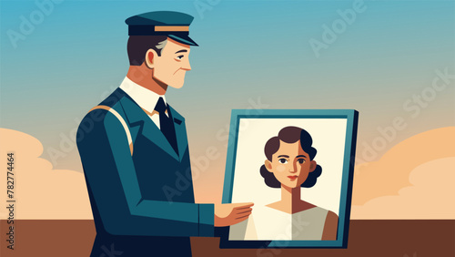 An old photograph of a man in uniform holding his black and white wedding portrait as his wife looks on with adoration and nostalgia in her