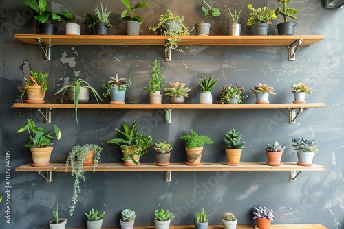 Modern wall decoration with beautiful plants in decorative pots on wooden shelves