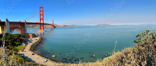 Panoramic View of The Golden Gate Bridge with Clear and Blue Sky, San Francisco , CA, USA. 