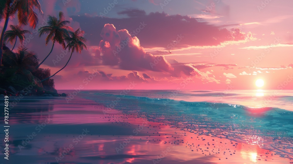Serenity by the Sea: serene digital painting of a secluded beach at sunset, with silhouettes of palm trees swaying in the gentle breeze