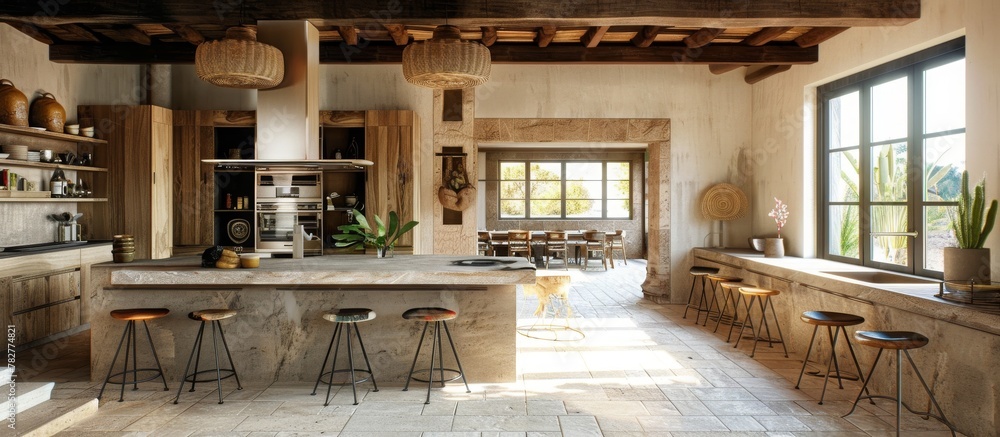 Use of natural materials like wood and stone. contemporary Spanish kitchen Use of natural materials like wood and stone. contemporary Spanish kitchen