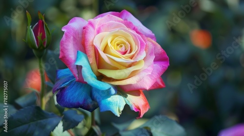 A pink rose with rainbow colors on it
