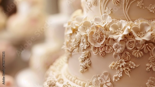 View of beautifully ornate weeding cake 