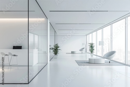 Modern office interior design with stylish glass partition and elegant white flooring photo