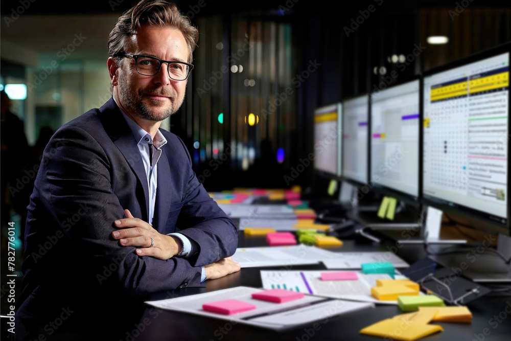 A man in a suit is sitting at a desk with a computer monitor in front of him A man in a suit is sitting at a desk with a computer monitor in front of him