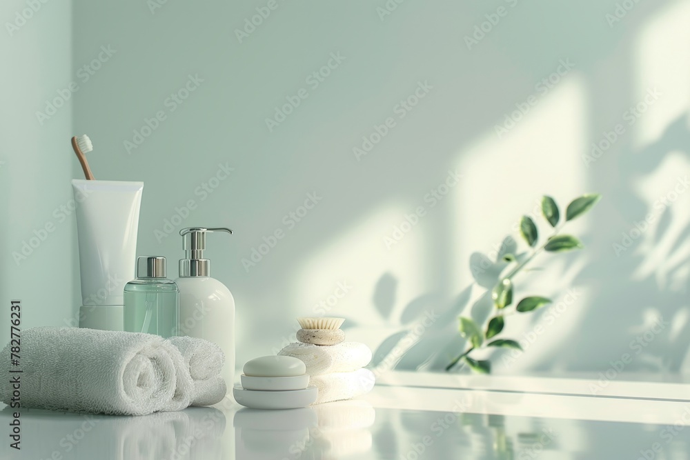 Tranquil spa bathroom toiletries soap towel on soft white background for relaxing ambience