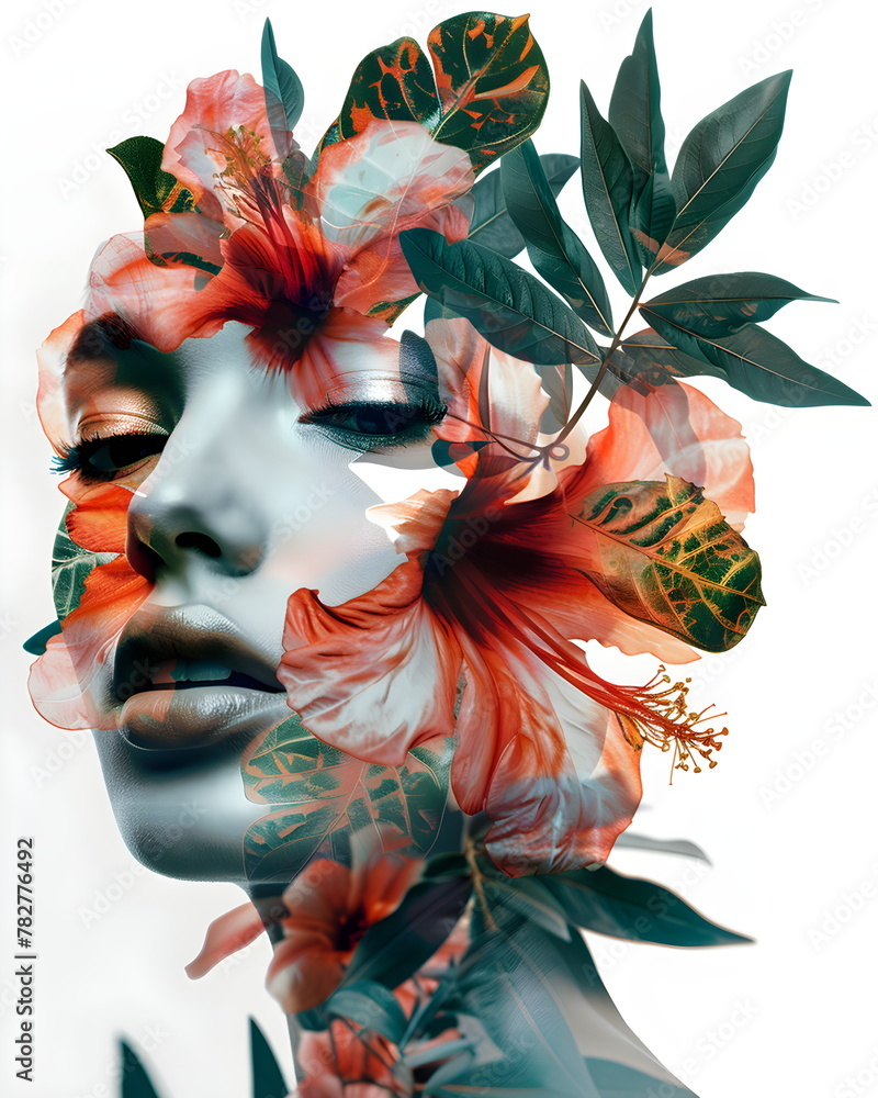 Woman and flowers. Digital Collage Art. interior print on a white background