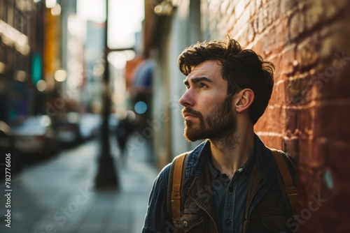 Portrait of a handsome hipster man with beard in an urban setting photo