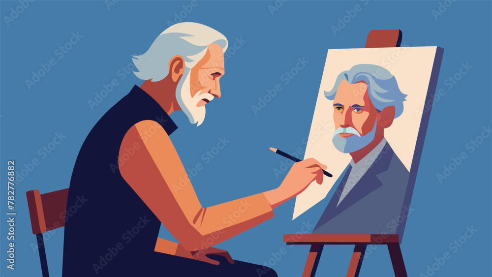 Sitting on a worn stool in their studio the aging artist sketches a portrait of themselves their skilled hand capturing the wisdom and depth in Sitting on a worn stool in their studio the aging artist sketches a portrait of themselves their skilled hand capturing the wisdom and depth in