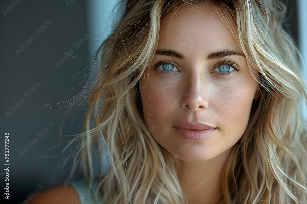 Blonde Beauty: Serene Gaze with Space for Your Thoughts. Concept Blonde Beauty, Serene Gaze, Thoughtful Expression, Outdoor Setting, Neutral Tones Blonde Beauty: Serene Gaze with Space for Your Thoughts. Concept Blonde Beauty, Serene Gaze, Thoughtful Expression, Outdoor Setting, Neutral Tones