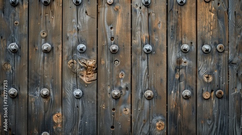 Detailed view of a wooden door featuring metal knobs. Wallpaper. Background.