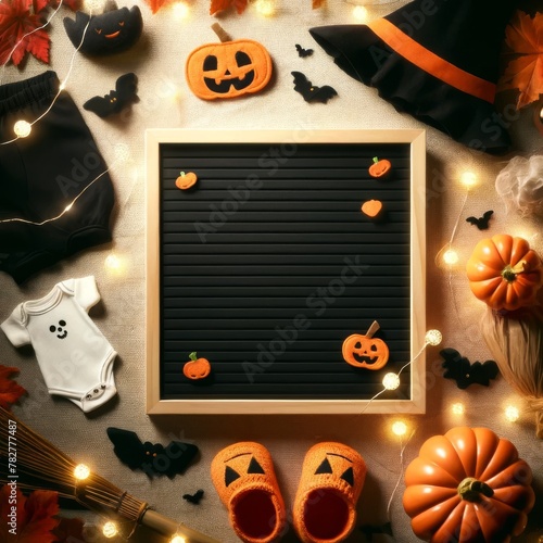 Halloween themed baby announcement with felt pumpkins and a witch hat around a board


