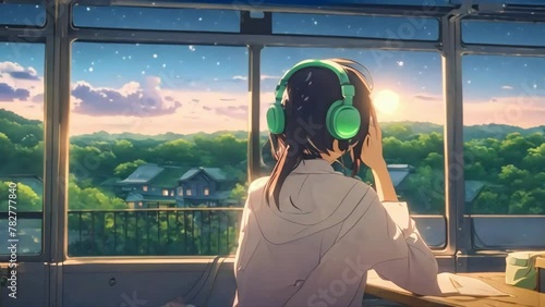 anime girl wearing headphones, train passing by village, cosmic background, lofi animation, relaxing lofi, calming nature, anime girl lofi animation, asmr, cute anime girl lofi, study lofi, night lofi photo