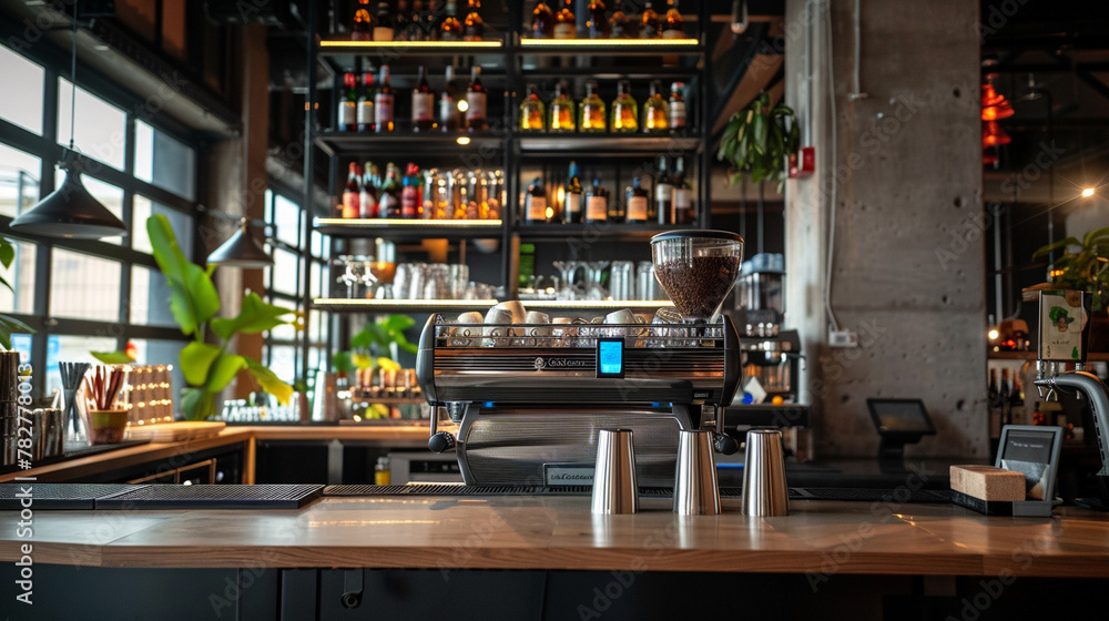 Modern Cafe, Contemporary cafe bar with espresso machines and stylish interior design.
