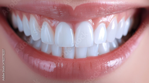 Perfect Smile, Macro shot of a flawless smile with bright white teeth, epitomizing dental health and beauty.