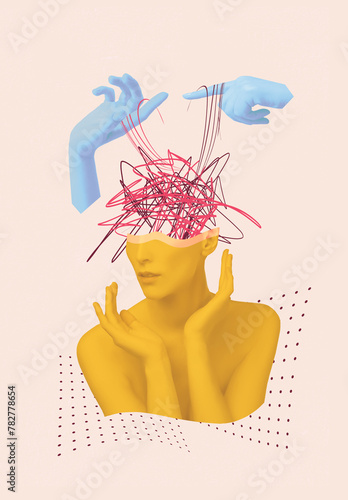 Contemporary art collage, design. Abstract hand near human head, working with mental issues. Psychiatrist. Concept of medical assistance, treatment, mental treatment © Solarisys