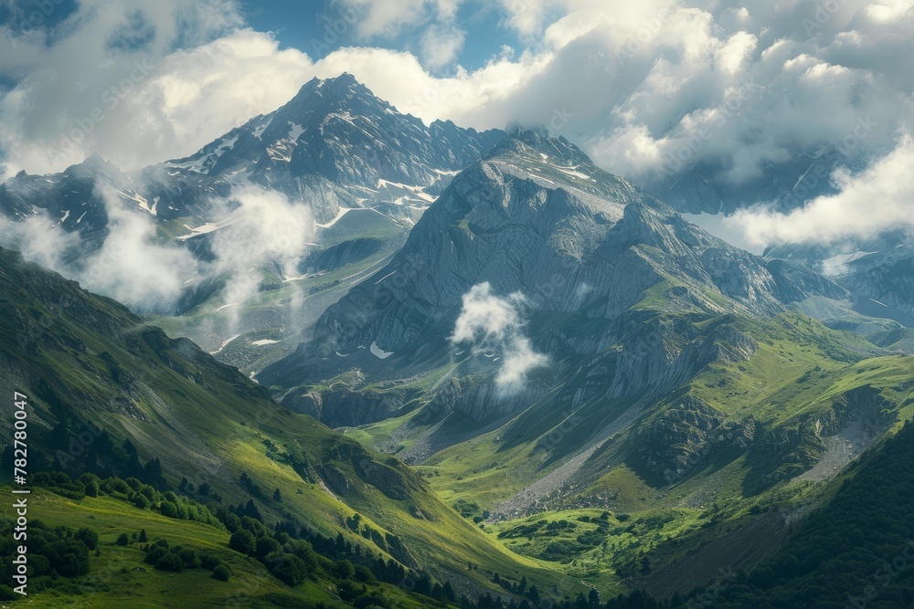 Majestic mountain range with clear blue sky and fluffy white clouds, scenic landscape Majestic mountain range with clear blue sky and fluffy white clouds, scenic landscape