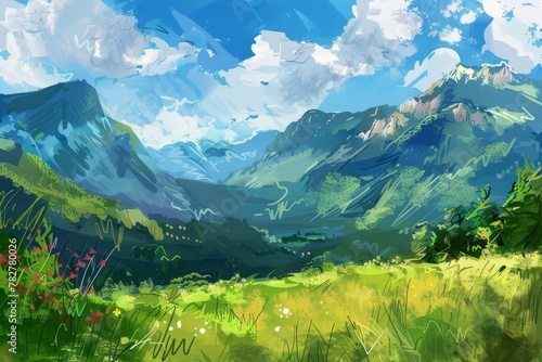 Sunny day mountain landscape with blue sky and greenery  ideal for nature backgrounds