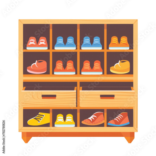 Wooden Cabinet Filled With Lots of Shoes isolated on a transparent background, clipart, graphic resource