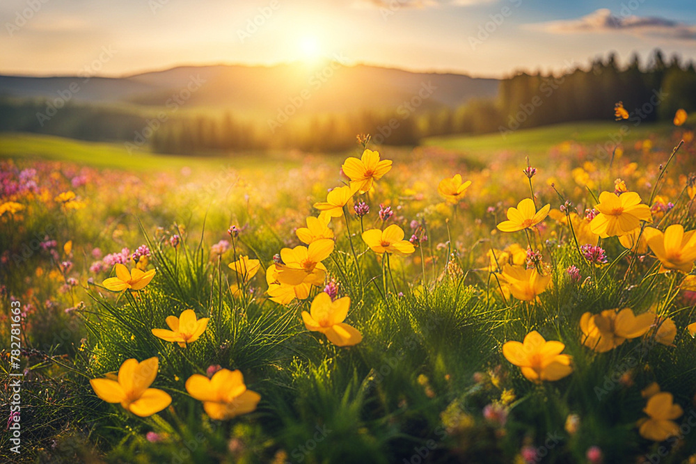 Spring wildflower field in beautiful sunlight. flowers and grass in a countryside at sunset time.