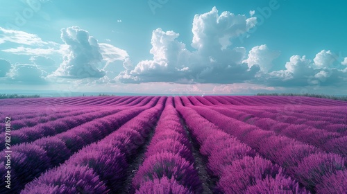 A wide-angle shot captures the sprawling beauty of a lavender field with vibrant purple hues under a dramatic cloudy sky