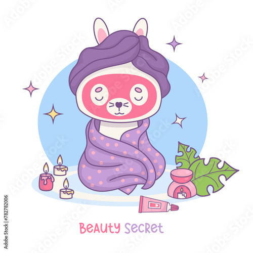 Cute bunny wrapped in towel with mask on his face. Spa treatments, relaxation, hygiene and self-care. Funny cartoon kawaii character animal. Vector illustration.