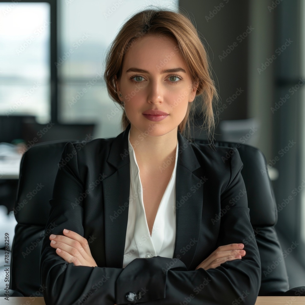 A professional woman with a confident demeanor, arms crossed wearing a chic business suit in a modern office A professional woman with a confident demeanor, arms crossed wearing a chic business suit in a modern office