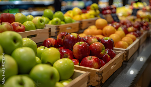 Apples on supermarket apple shelves display retail store organic local farmers food fruits healthy eating fresh supply shopping market tasty natural gmo genetically modified vegetarian juicy fruit