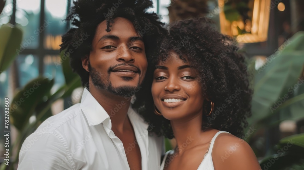 Obraz premium Cheerful and loving young couple embracing in a tropical setting with lush green plants surrounding them