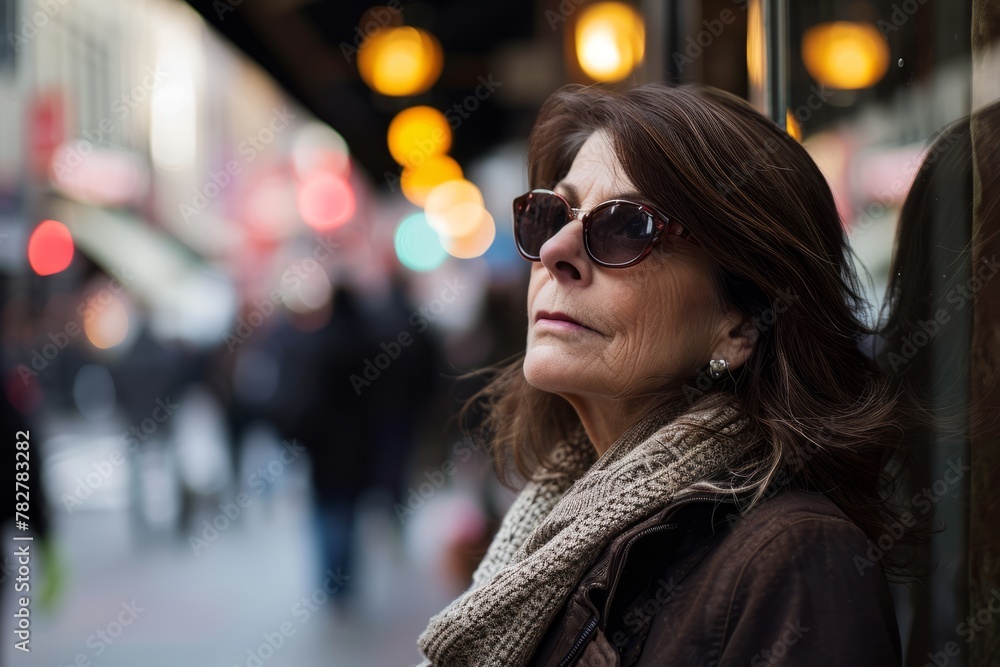 Portrait of a beautiful senior woman with long brown hair, wearing sunglasses and scarf. Portrait of a beautiful senior woman with long brown hair, wearing sunglasses and scarf.