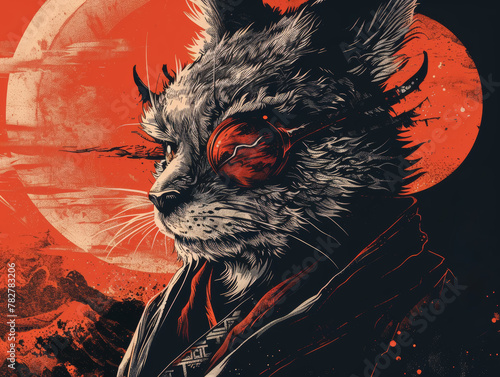 Stylized one-eyed cat with a fierce expression against a red and black sunset backdrop, ai generated