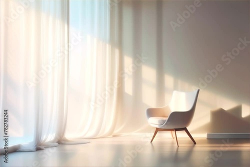 Armchair in living room with window and curtains in daylight photo