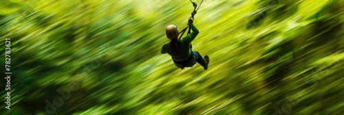 Adventurer Ziplining Through Lush Forest Canopy in Blurred Motion