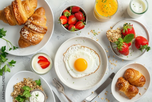Morning breakfast brunch set with fried egg, croissants, granola, fresh strawberry