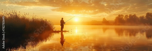 Angler Fishing in Tranquil Lake at Golden Sunrise Serene Solitude and Peaceful Reflection in Nature