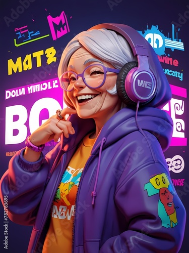 This old anime woman is wearing a purple hoodie and hip hop DJ style headphones