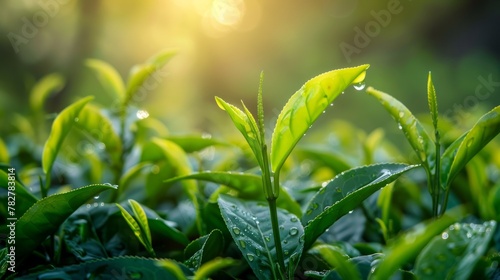 Detailed view of tea leaves in a garden covered in dew droplets. Wallpaper. Background. Copy space.