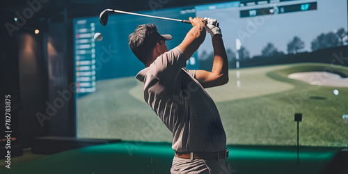 Wear virtual reality goggles and play golf photo