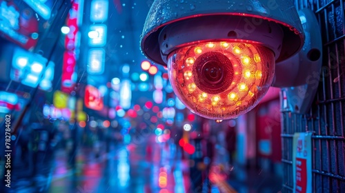 A wet security camera with red lights illuminates amidst a blurred cityscape with neon signs and rain