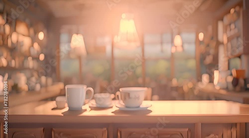 A cup of coffee sits still on a table in a cafe photo