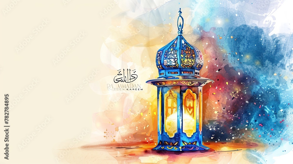 Ramadan Kareem greeting on blurred background with beautiful lamp. Vector illustration.