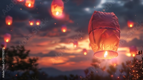 An aerial view of numerous lanterns flying in the sky, creating a mesmerizing sight during Diwali celebrations