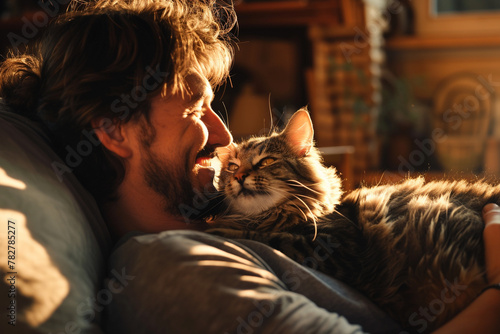 Cat Cuddling with Owner, Man and his cat sharing a loving moment in warm light