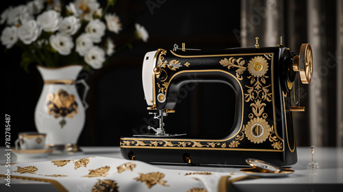 Ornate Sewing Machine, Elegant vintage sewing machine with ornate gold details.