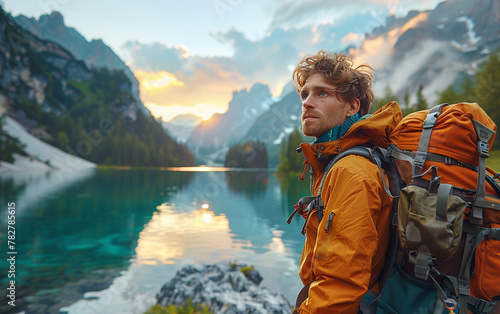 Adventure Awaits, An adventurer with a backpack gazes at a lake during sunset in the mountains.