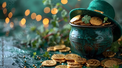 a pot of gold coins and a green hat with shamrocks on it and a green background with lights