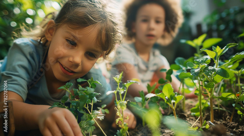 Two children joyfully engaged in planting seedlings, cultivating both garden and knowledge